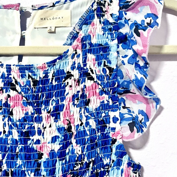 Melloday Floral flutter sleeves smocked Maxi Dress in Blue and Pink  SMALL - Picture 5 of 16